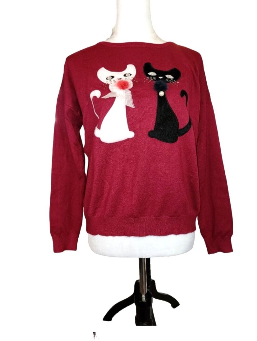 Gran Oriente Red Knit Sweater/ Cat Applique / Full Back Zipper Size Small